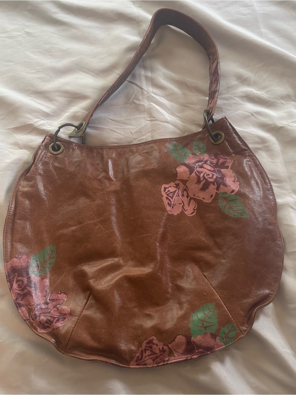 Nanette Lepore Brown Leather Handbag Floral Roses Y2K Strap Whimsy Purse
